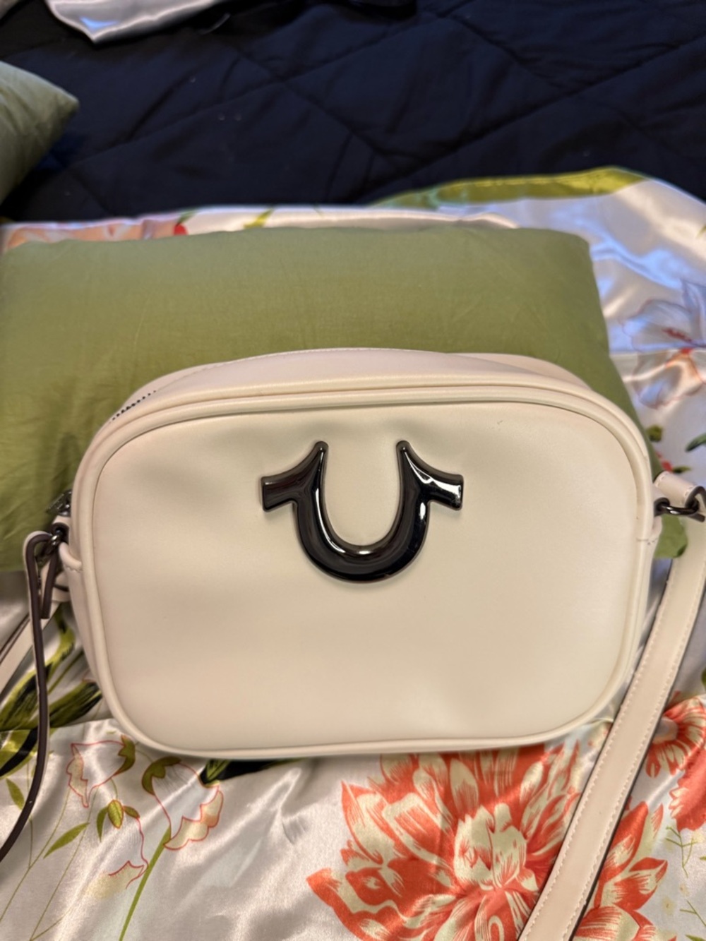 True Religion Cream Crossbody Bag with chrome colored Logo